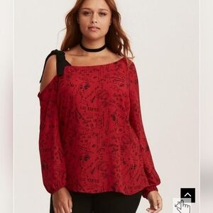 Torrid One Shoulder Blouse Top  Red Black Verbiage Print Long Sleeve Bow…